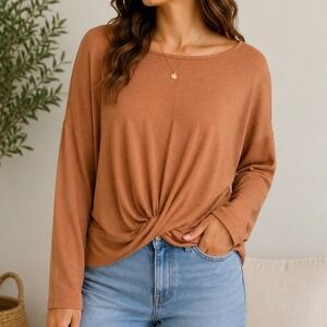 F&F Ribbed Twist Front Knit Top Camel Tan Dolman Sleeve Casual Sz 10 Minimalist